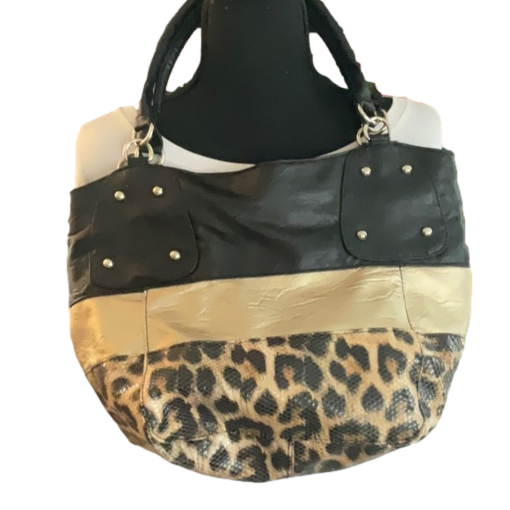 FAUX LEATHER BLACK AND GOLD BAG WITH ANIMAL PRINT